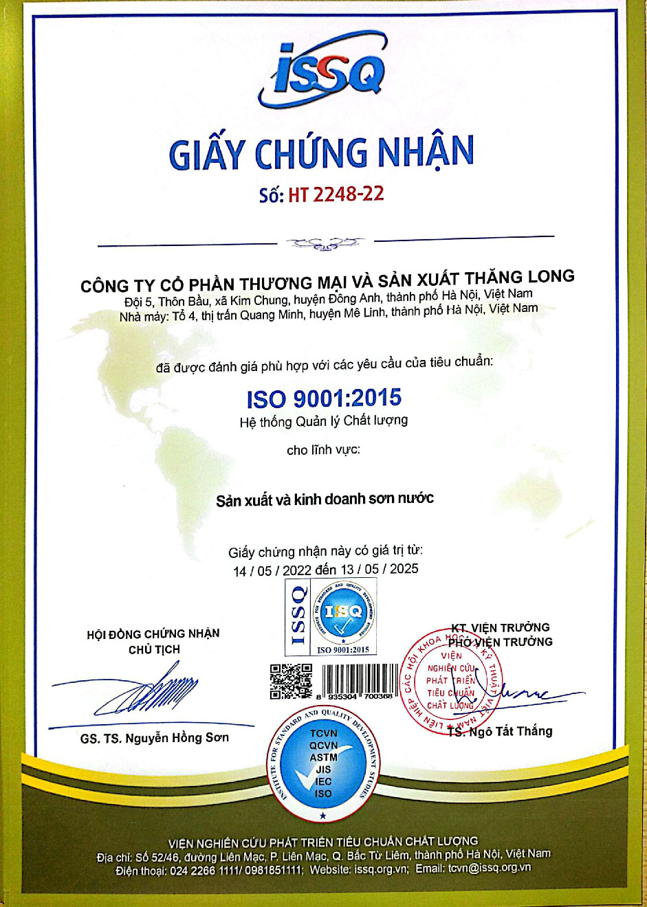 Giấy chứng nhận isso sơn thăng long